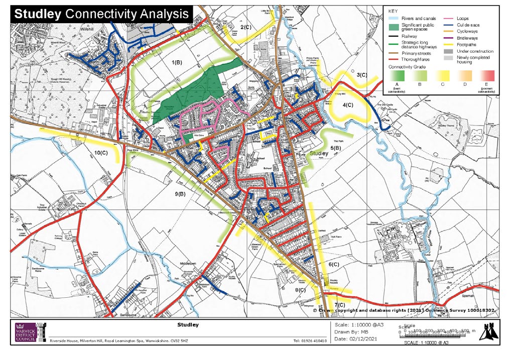 A Studley Connectivity Analysis on a blacklined map. There is a Connectivity Grade indicator with a range of colours from A: deep green (indicating best connectivity) to E: deep red (indicating poorest connectivity). It has key for rivers and canals, significant public green spaces, railways, strategic long distance highways, primary streets, thoroughfares, loops, cul de sacs, cycleways, bridleways, foothpaths, under construction and newly completed housing which are shown with different coloured lines on the map.