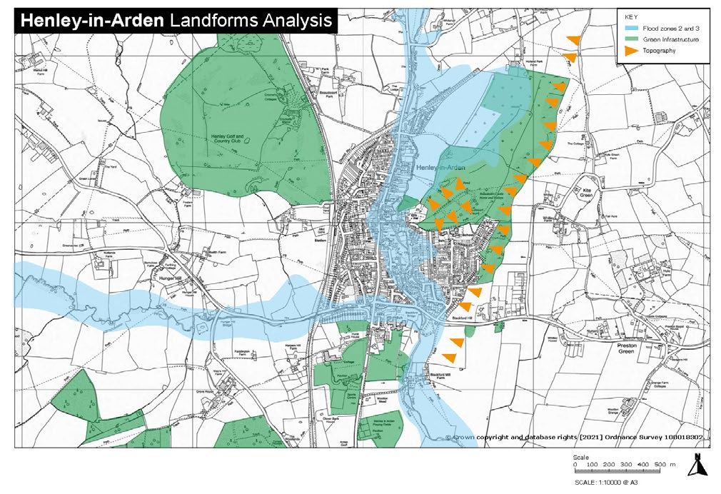 Henley-in-Arden Landform Analysis on a map drawn in black lines, there are blue areas to indicate Flood zones 2 and 3 areas, green areas to indicate green infrastructure, orange arrows to indicate the topography.  