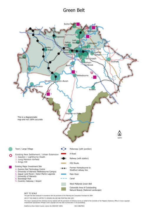 Figure 13 - Map showing the West Midlands Green Belt, Cotswolds Area of Outstanding Natural Beauty (National Landscape), Canals, Main rivers, Former Honeybourne to Stratford railway line, HS2 Route, Railway (with station), A Road, Motorway (with junction). Additionally marks Towns and large villages with green circles. Existing New Settlement / Urban Extension: 1. Gaydon/Lighthorne Heath, 2. Long Marston Airfield. 3. Kings Hill. Existing Major Investment Site: 4. Quinton Rail Technology Centre 5. University Wellesbourne Campus. 7. University of Warwick. 8. Stoneleigh Park. 9. Coventry Gateway/Airport