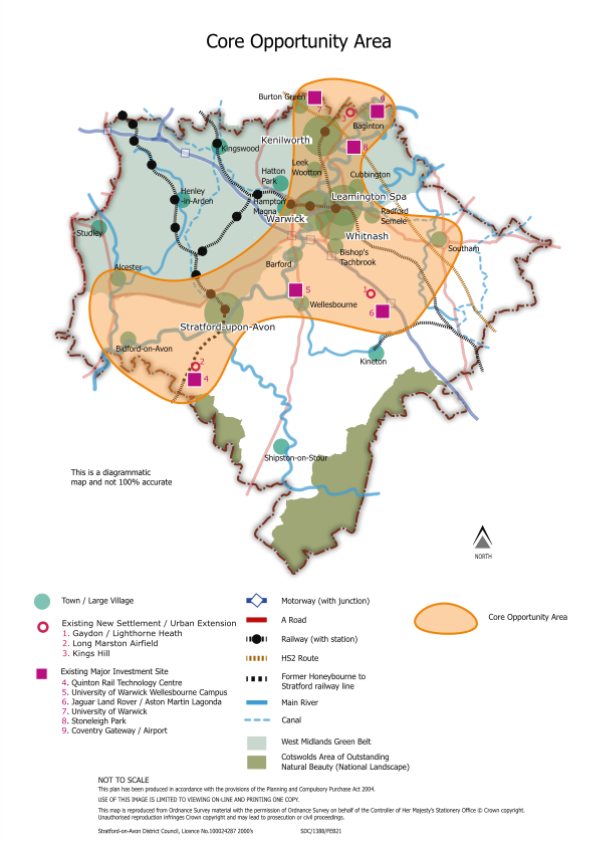 Figure 21 - Map showing Core Opportunity Area which circles Stratford-upon-Avon, Whitnash, Leamington Spa, Warwick, Kenilworth 