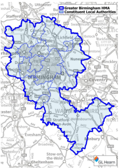 Map marked in dark blue the greater Birmingham HMA and the light blue area shows Constituent Local Authorities 