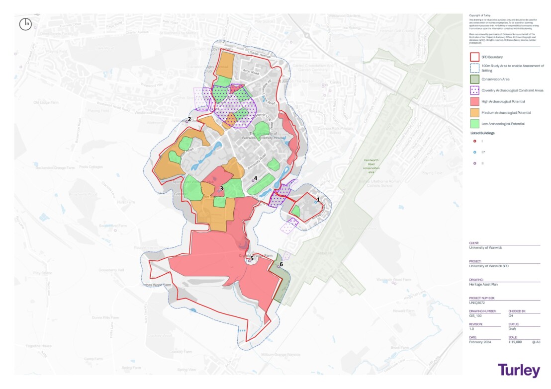 Image of a plan showing the SPD boundary and identifying the location of listed buildings within the boundary and immediately adjacent to the boundary, boundaries of Conservation Areas, boundary of the areas of Archaeological constraint as set by Coventry City Council and areas with low, medium and high archaeological potential. 