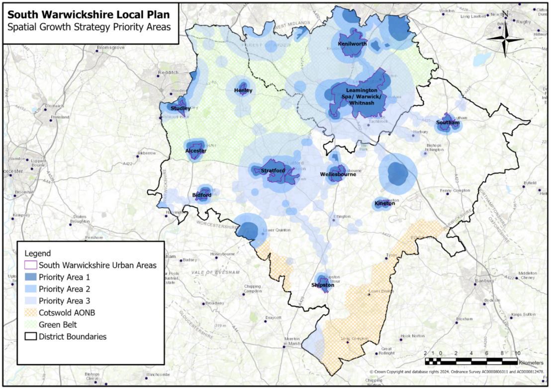 Figure 5: South Warwickshire Local Plan-Spatial Growth Strategy Priority Areas	 	A map on an Ordnance Survey base of the South Warwickshire area annotated with blue shaded areas depicting the Spatial Growth Strategy Priority Areas. Priority 1 Areas are shown in the darkest blue and these are centred on the settlements of Leamington Spa / Warwick / Whitnash, Stratford, Kenilworth, Wellesbourne, Studley, Alcester, Bidford, Southam, Studley, Long Marston, Gaydon Lighthorne Heath, Kineton, Shipston, Henley, Fen End, Redditch Eastern Gateway and the South/South West edge of Coventry.  Priority 2 Areas are a lighter shade of blue that encircle the Priority 1 Areas with the addition of new areas at Hatton, Kingswood, Stoneleigh, along the district boundary south of Dorridge and along the eastern edge of Redditch. Priority 3 Areas are a very pale blue colour and these encircle the Priority 1 and 2 Areas, with the addition of new areas including along the A4300 south of Stratford, along the A425 east of Leamington to Southam east of Moreton in Marsh, Harbury, Stockton, Ettington, Wood End and Tanworth in Arden.  The map also depicts areas of Green Belt land (covering land to the north of Stratford and Leamington / Warwick to the district boundaries) and areas of the Cotswold AONB (covering a fringe area along the southern boundary).