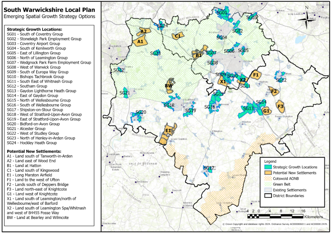 A map on an Ordnance Survey base of the South Warwickshire area annotated with green shaded areas depicting the Strategic Growth Locations and yellow shaded Potential New Settlements. The Strategic Growth locations are listed in Table 5 and the Potential New Settlements are listed in Table 6.  The map also depicts areas of Green Belt land (covering land to the north of Stratford and Leamington / Warwick to the district boundaries) and areas of the Cotswold AONB (covering a fringe area along the southern boundary).