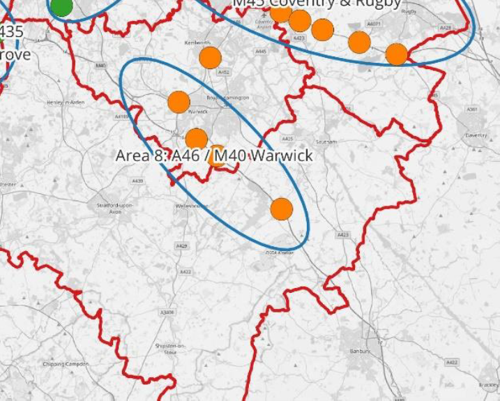 This is a map of the West Midlands with local authority boundaries shown in red. Blue oval shapes depict areas where Road Opportunity Areas have been grouped. Top scoring locations for Road Opportunity Areas are shown with green dots on the map and Bottom scoring locations of Road Opportunity Areas are shown with orange dots.  The map illustrates the location of Road Opportunity Area 8 “A46 / M40 / Warwick” which falls entirely within the South Warwickshire Area. This is an oval shape with extends from north west of Warwick along the M40 corridor to south of Gaydon. Road Opportunity Area 8 includes 4 orange dots (depicting bottom scoring locations).