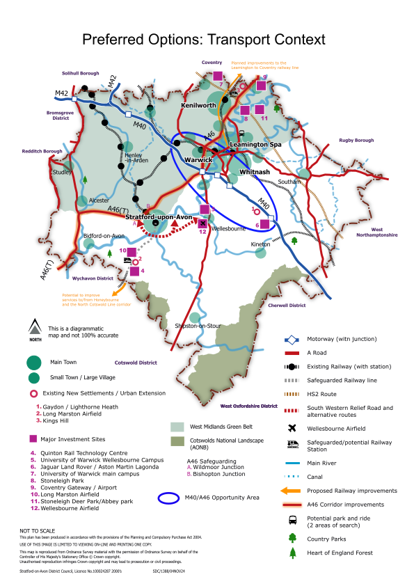 An illustrative map of the South Warwickshire area depicting key existing transport routes and nodes, plus transport proposals from the SWLP. The map is also annotated with the Major Investment Sites (shown with purple squares) and existing new settlements or urban extensions (shown with red circles).   The map also depicts areas of Green Belt land (covering land to the north of Stratford and Leamington / Warwick to the district boundaries), areas of the Cotswold AONB (covering a fringe area along the southern boundary) Country Parks and the Heart of England Forest. Main towns and small towns/large villages are also shown.