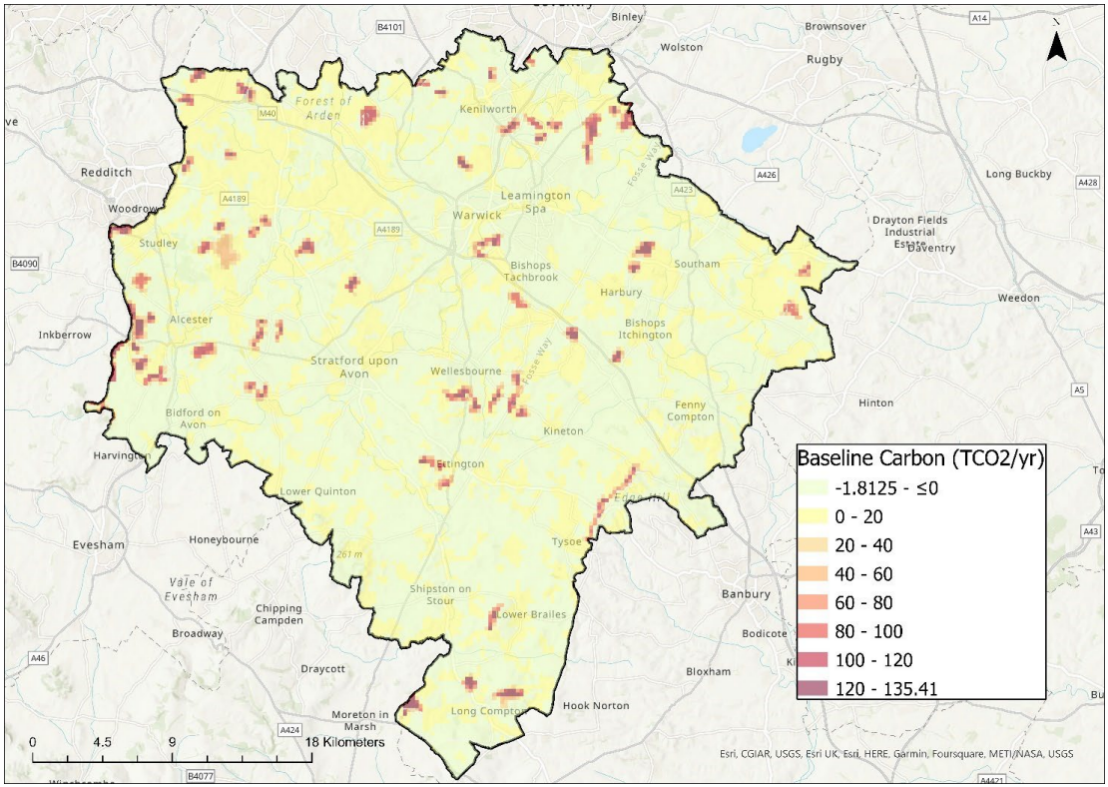 Map of the South Warwickshire area on an accurate base map showing baseline carbon sequestration results using a heat-map style symbology (going from light green/yellow to dark red). The darker areas on the map represent areas that are currently sequestering high volumes of carbon each year under baseline conditions. Locations identified in red as having high baseline sequestration rates are Bascote Heath, south of Ufton, east and north of Lighthorne Heath, several areas south of Wellesbourne, north of Long Compton, south of Great Wolford, east of Alcester, near Wootton Wawen, west of Hockley Heath south of Meer End and near Ashow. The baseline map indicates that large areas of SWLP are either not sequestering any carbon or actually emitting carbon each year (light green).