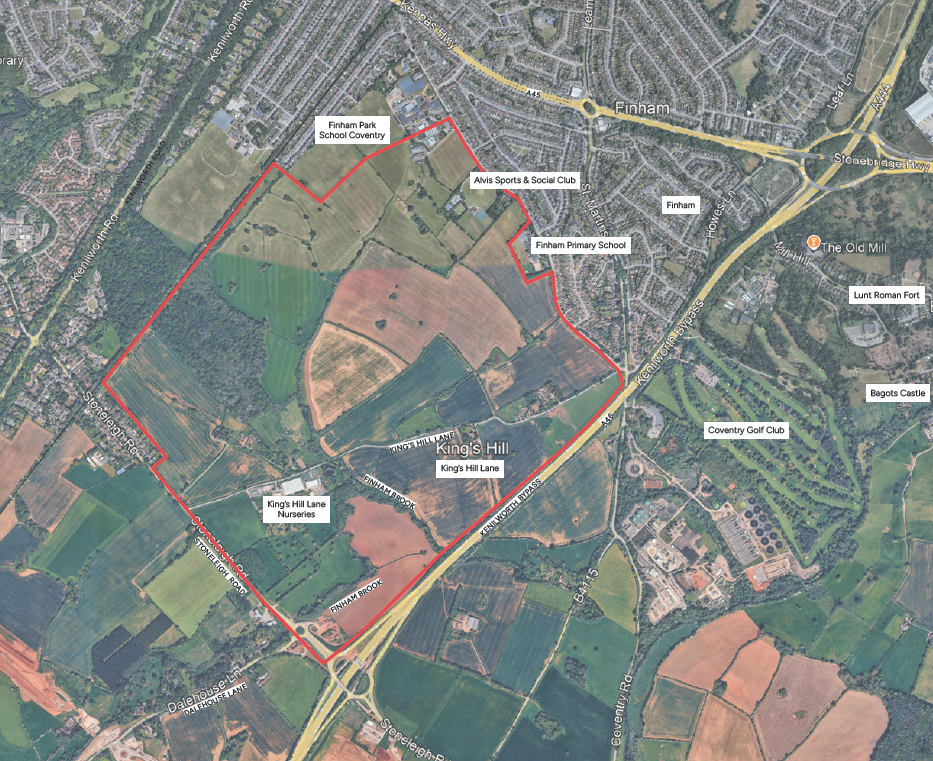An aerial plan showing the redline boundary of the Kings Hill site