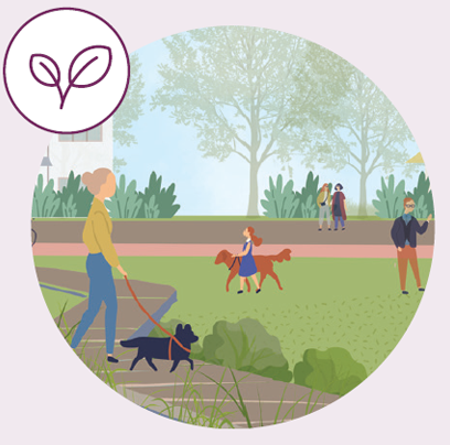 A person walking two dogs in a park, with trees, bushes, and other people in the background.