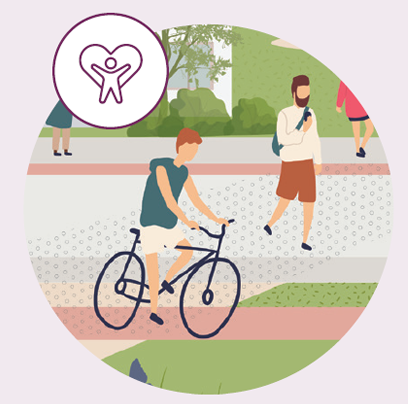 A person riding a bicycle on a pathway with others walking in the background.