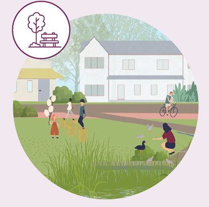 A park scene showing a family gathering, a person feeding a duck by the pond and another riding a bike in the background.