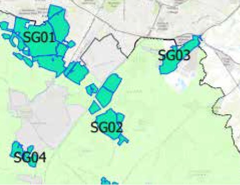A plan showing the strategic growth locations closest to the Kings Hills ite (i.e. SG01, SG02, SG03 and SG04)