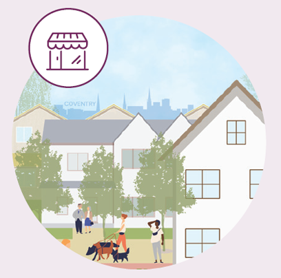 A neighbourhood scene with people walking dogs, trees, and residential houses, with a cityscape in the background.