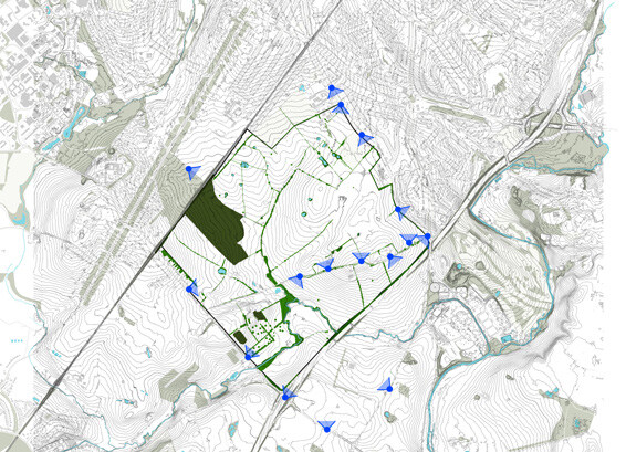 Map showing topography and views relevant constraints