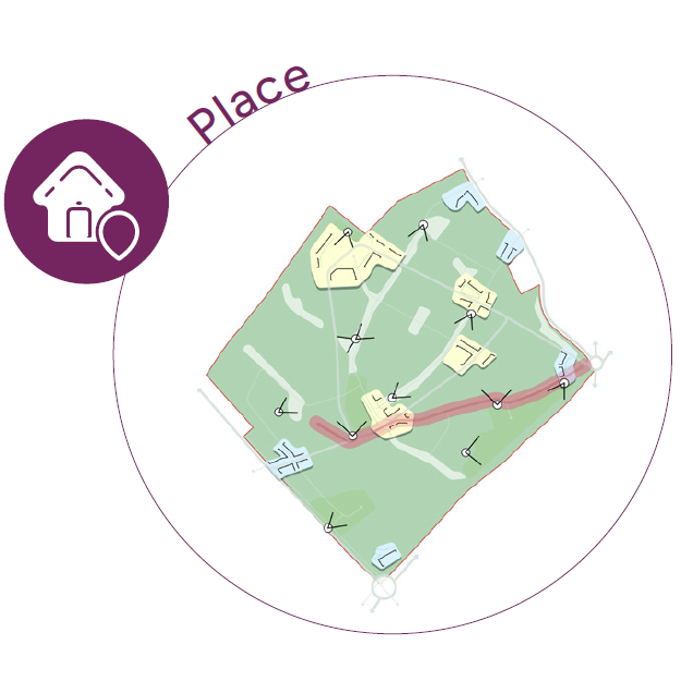 A map highlighting new nodes and heritage corridor in red.