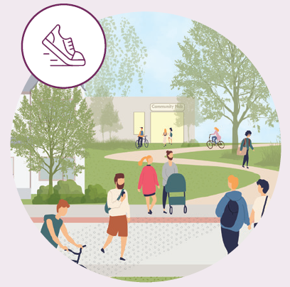 People walking and biking in a park outside a community hub, with trees and greenery.