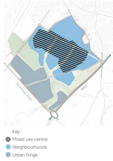 A schematic plan showing areas where mixed use centres with higher densities should be located, with sightly lower densities in neighbourhoods beyond and lower densities towards the edge in the urban fringe.