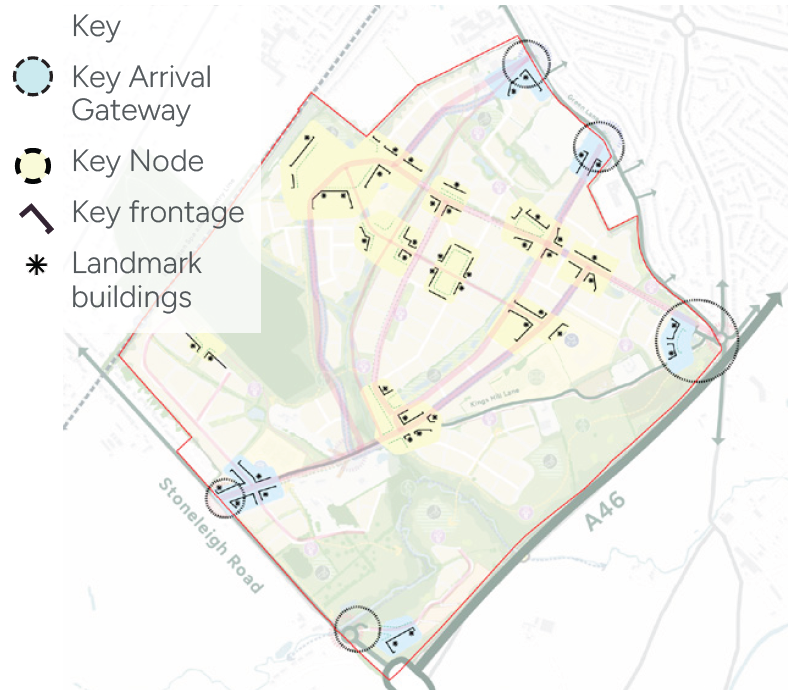 A plan showing key arrival gateways, nodes, frontages and potential landmark buildings