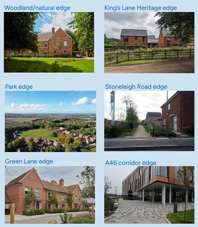 Images showing suitable edge conditions for Kings Hill Lane’s heritage edge, Stoneleigh Road, Green Lane and A46 corridor edges