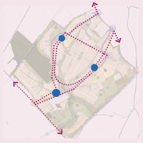 Map highlighting the locations of three bus stops and the connecting walking routes