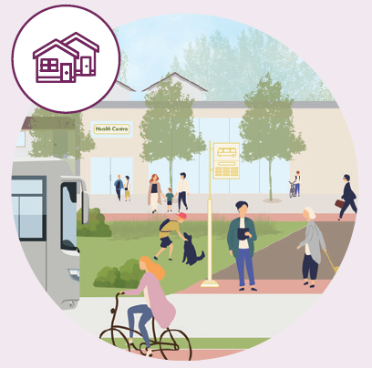 People walking and cycling outside a health centre with trees and a bus stop in front of a building, with a bus arriving nearby.