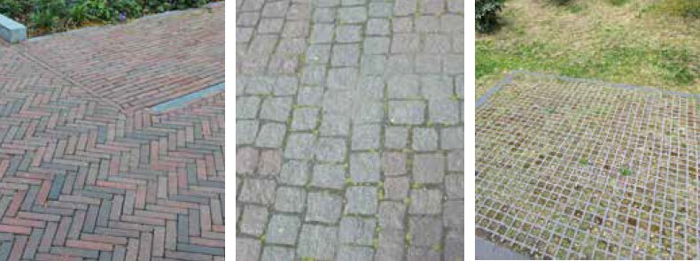 Three images of different paved surfaces: a herringbone brick pattern, uneven cobblestone paving with moss in the gaps, and a metal grid on the ground with grass growing through.