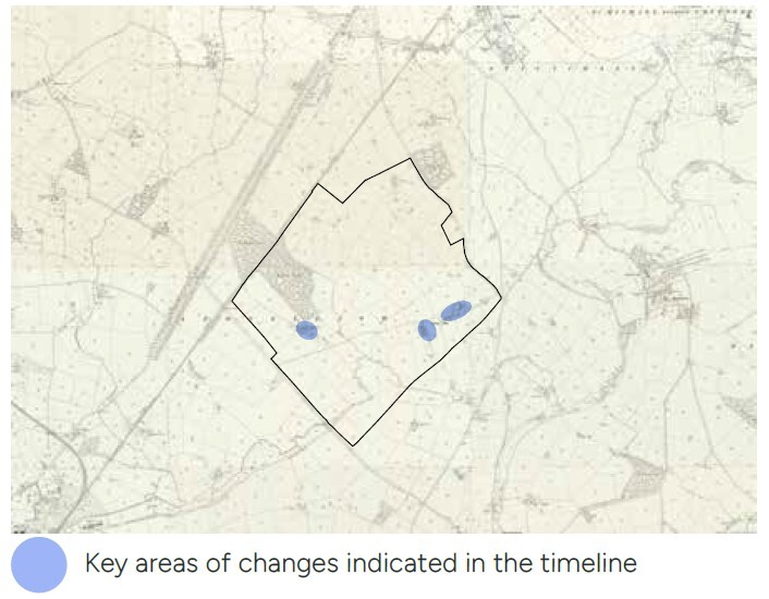 A plan highlighting the key areas of change within the site as described (covering the period 1892-1914)