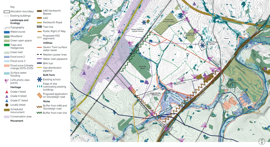A composite constraints plan showing previous constraints info as well as heritage constraints, pipelines and noise buffers from the A46 and the trainline