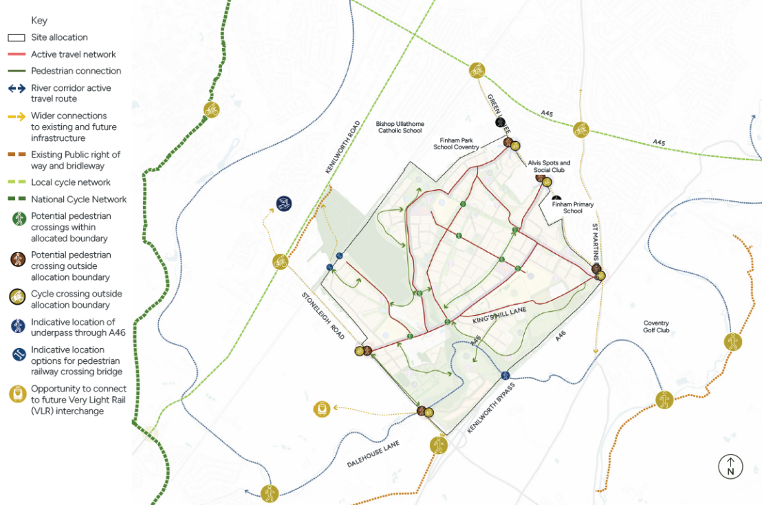 A plan showing the proposed active travel routes through the site including and potential crossing points