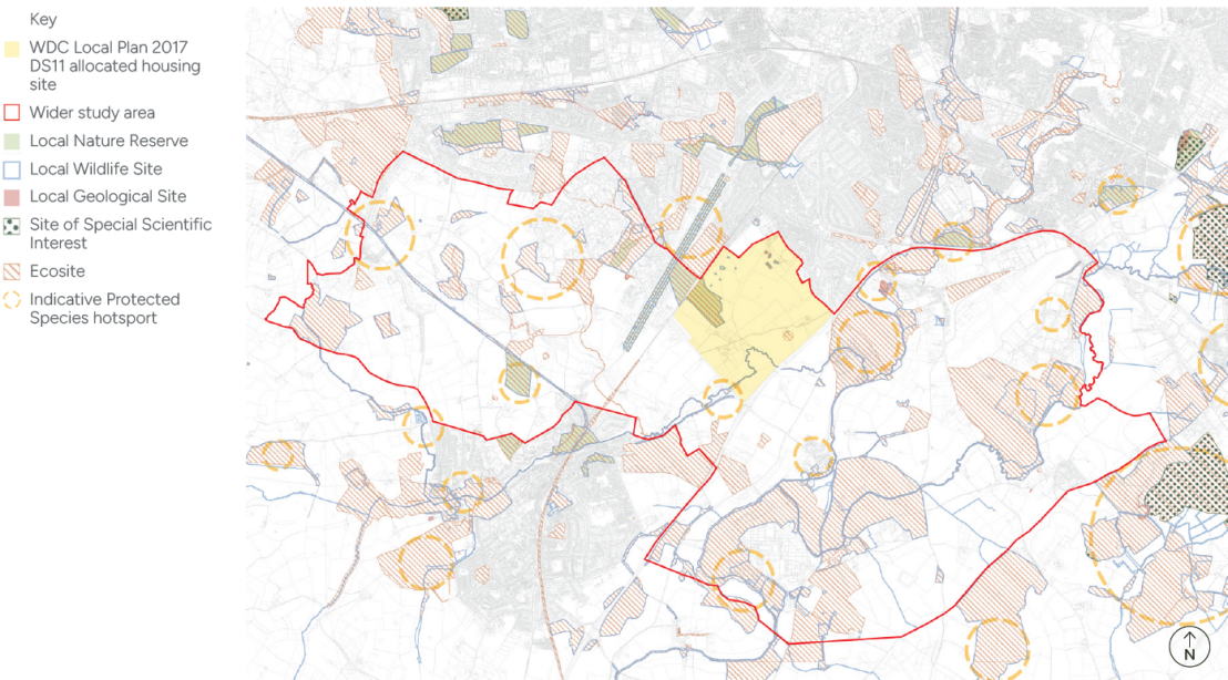 A plan showing nature assets including local wildlife sites, local geological sites, ecosites and indicative protected species hotspots