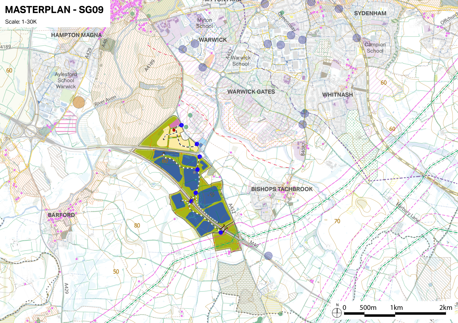 Aerial map showing a route with blue and green shaded areas, blue and green dots, and labelled roads including A452 and M40 near Bishop's Tachbrook.