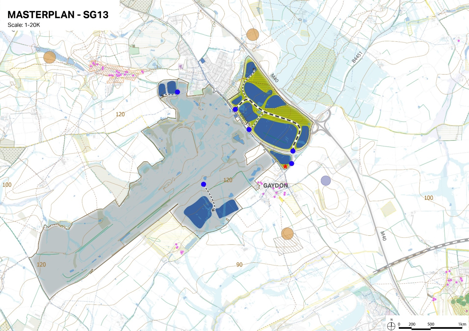 A map showing Gaydon with blue and green highlighted areas, contour lines, roads, and blue and purple markers.