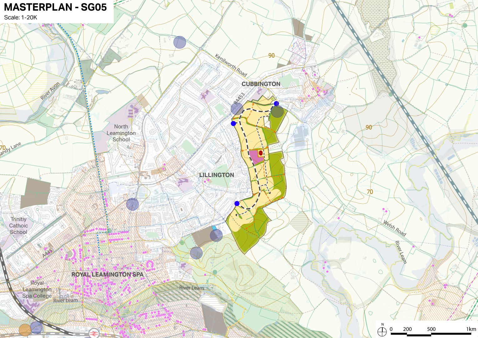 Colour-coded map of Cubbington and Lillington with highlighted areas, boundaries, and triangular node markers.