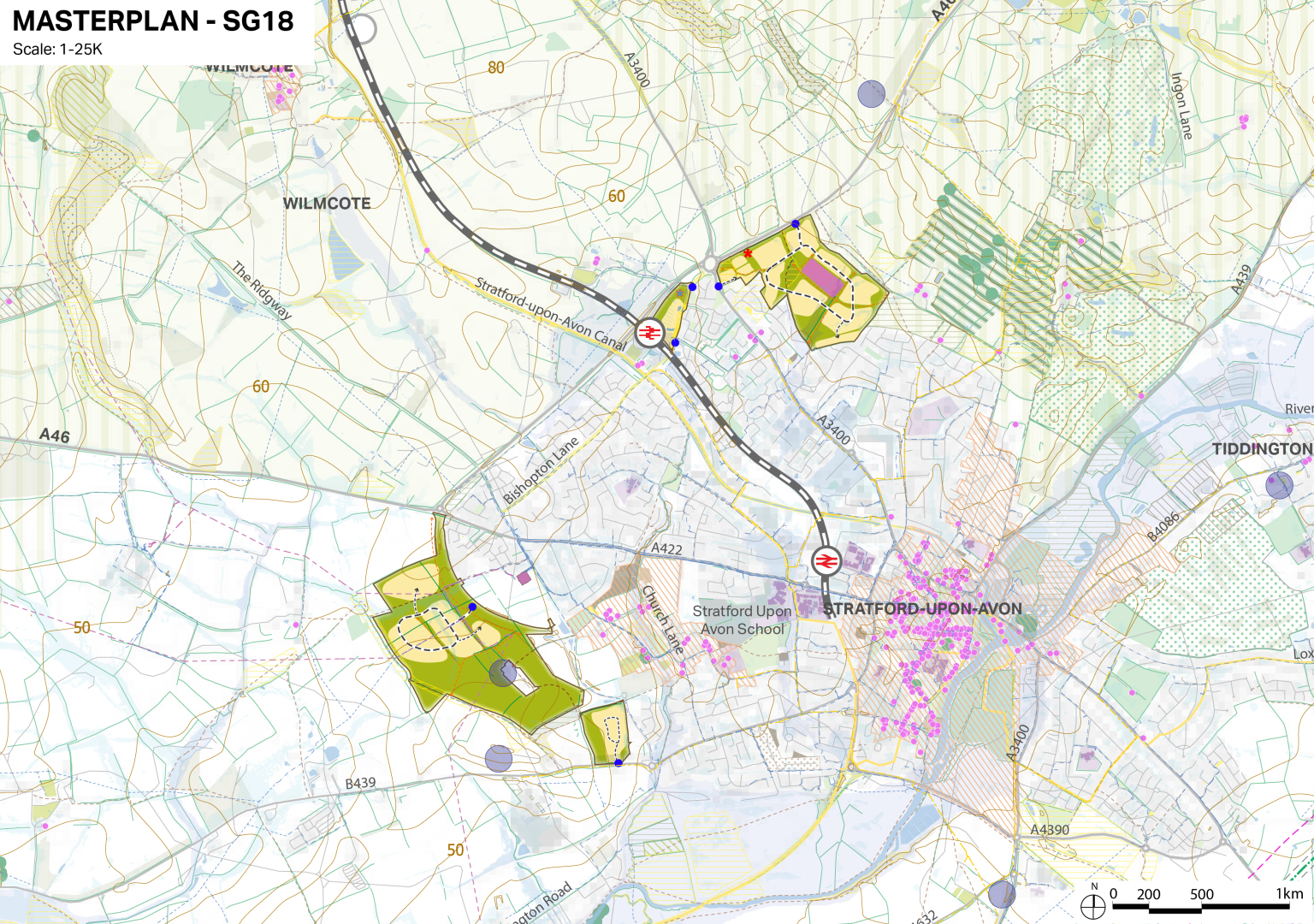Aerial map highlighting Stratford Upon Avon School and surrounding areas with roads, fields, and Church Lane visible.