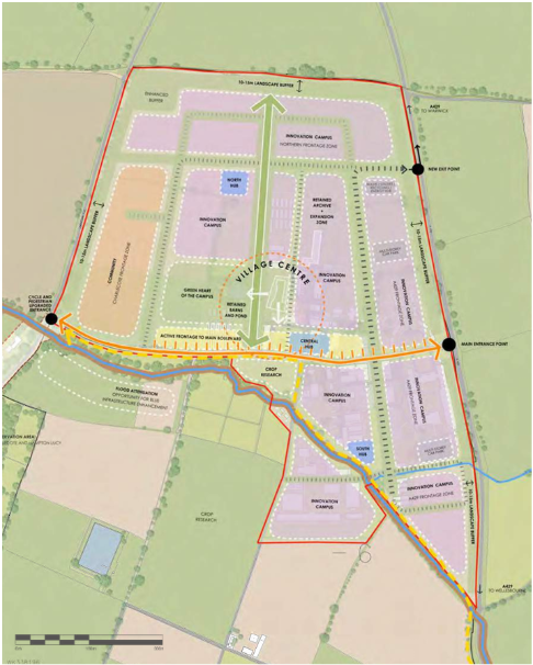 Aerial map showing a proposed development layout with residential areas, roads, a village centre, parks, and labelled infrastructure such as car parks and main entrance points.