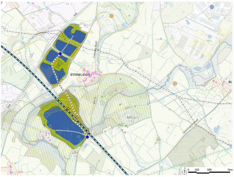 Map of Stoneleigh with two large blue-green shaded areas connected by a dotted line crossing a road.