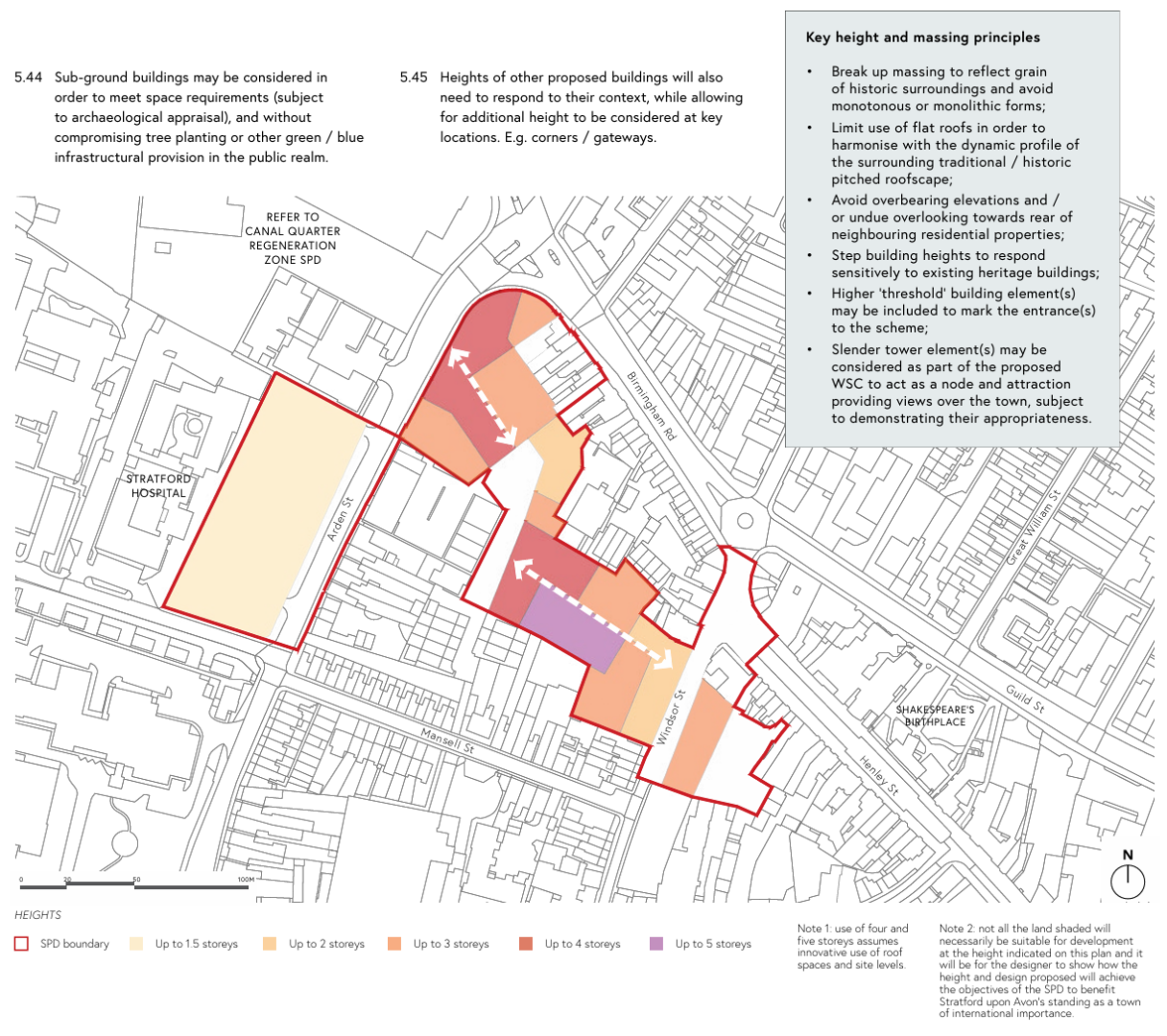 A map of Bradford city centre with an overlay of heritage heights and mewsings, highlighting specific areas in varying shades of red, orange, and yellow to indicate different zones. On the left is a key height and mewsing principle with several subpoints. On the right is text describing the objective and principles in detail.