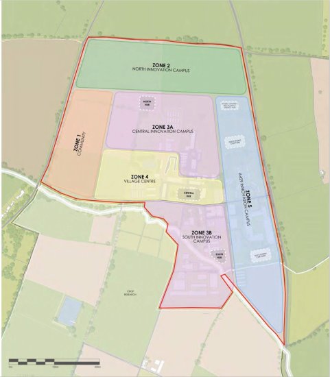 Map showing a development plan with colour-coded zones: Zone 1 (Community), Zone 2 (North Innovation Campus), Zone 3A (Central Innovation Campus), Zone 3B (South Innovation Campus), Zone 4 (Village Centre), and Zone 5 (East Innovation Campus).