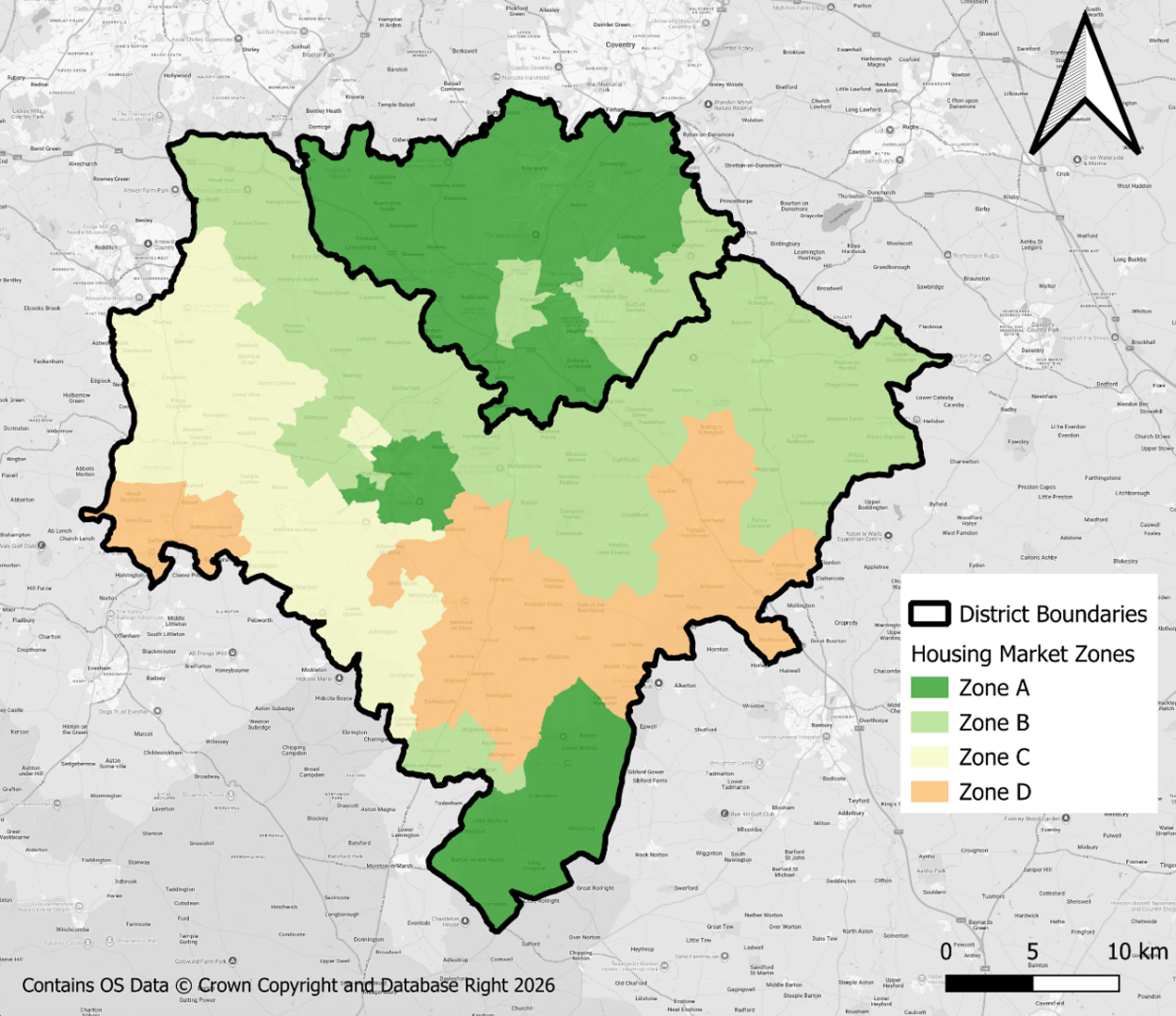 Map showing district boundaries and housing market zones A (dark green), B (light green), C (peach), and D (light orange).